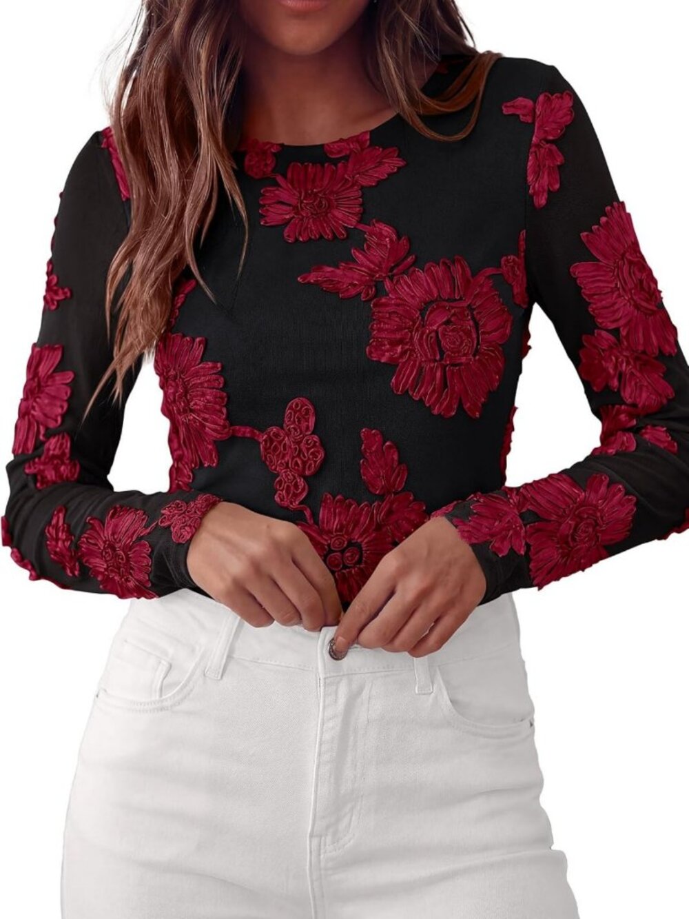 Floral Embroidered Mesh Long Sleeve Top for Women - Stylish & Trendy Blouse